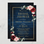 ブルゴーニュフローラ金ゴールドネイビーブルーブライダルシャワーインヴィット 招待状 (正面/裏面)