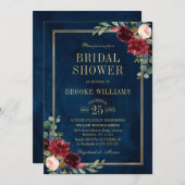 ブルゴーニュフローラ金ゴールドネイビーブルーブライダルシャワー 招待状 (正面/裏面)