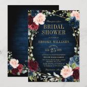 ブルゴーニュフローラ金ゴールドネイビーブルーブライダルシャワー 招待状 (正面/裏面)