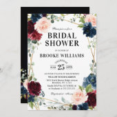 ブルゴーニュフローラ金ゴールドネイビーブルーブライダルシャワー 招待状 (正面/裏面)