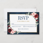 ブルゴーニュフローラ金ゴールドネイビー素朴ブルーウェディングRSVP 出欠カード (正面)