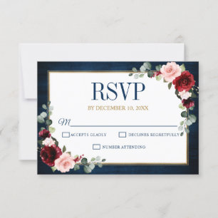 ブルゴーニュフローラ金ゴールドネイビー素朴ブルーウェディングRSVP 出欠カード