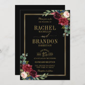 ブルゴーニュフローラ金ゴールドネイビー素朴ブルー結婚ズ・インヴィ 招待状 (正面/裏面)