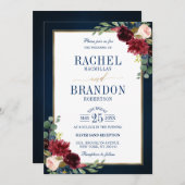 ブルゴーニュフローラ金ゴールドネイビー素朴ブルー結婚ズ・インヴィ 招待状 (正面/裏面)