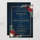 ブルゴーニュフローラ金ゴールドネイビー素朴ブルー結婚ズ・インヴィ 招待状 (正面/裏面)