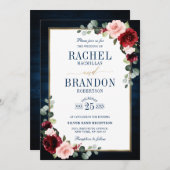 ブルゴーニュフローラ金ゴールドネイビー素朴ブルー結婚ズ・インヴィ 招待状 (正面/裏面)