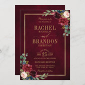 ブルゴーニュフローラ金ゴールドネイビー素朴ブルー結婚ズ・インヴィ 招待状 (正面/裏面)