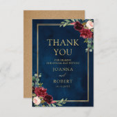 ブルゴーニュフローラ金ゴールドネイビー素朴ブルー結婚ズ サンキューカード (正面/裏面)