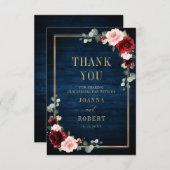 ブルゴーニュフローラ金ゴールドネイビー素朴ブルー結婚ズ サンキューカード (正面/裏面)