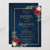 ブルゴーニュフローラ金ゴールドネイビー素朴ブルー結婚ズ 招待状 (正面/裏面)