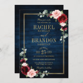 ブルゴーニュフローラ金ゴールドネイビー素朴ブルー結婚ズ 招待状 (正面/裏面)