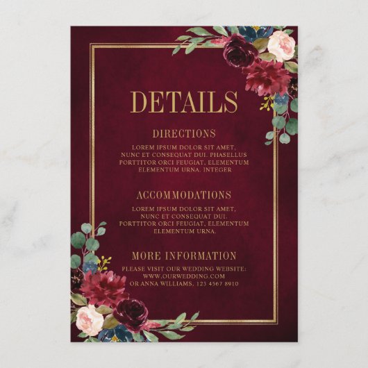 ブルゴーニュフローラ金ゴールドネイビー結婚ブルーの詳細Enc エンクロージャーカード (正面)