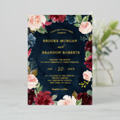 ブルゴーニュフローラ金ゴールドネイビ素朴ー結婚ブルーの箔 箔招待状 (立ち正面)