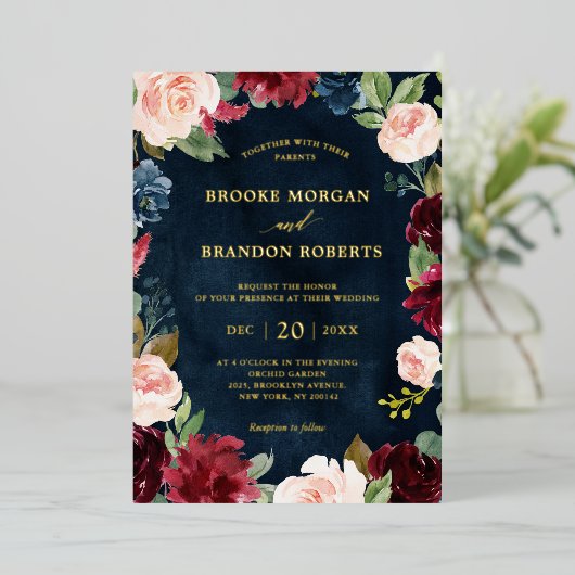 ブルゴーニュフローラ金ゴールドネイビ素朴ー結婚ブルーの箔 箔招待状 (立ち正面)