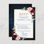 ブルゴーニュフローラ金ゴールドフレーム海軍ブルーウェディングRSVP 出欠カード (正面/裏面)
