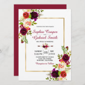 ブルゴーニュフローラ金ゴールドフレーム結婚式招待状 (正面/裏面)