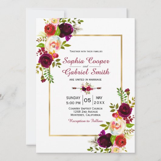 ブルゴーニュフローラ金ゴールドフレーム結婚式招待状 (正面)