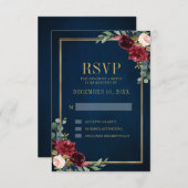 ブルゴーニュフローラ金ゴールドフレームNavy 結婚 Blue's 出欠カード (正面/裏面)