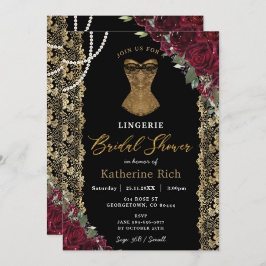 ブルゴーニュフローラ金ゴールドレースランジェリーブライダルシャワー 招待状 (正面/裏面)