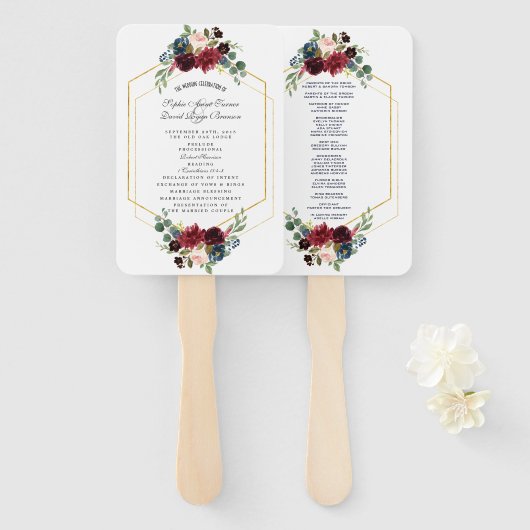 ブルゴーニュフローラ金ゴールド六角フレーム結婚式 プログラム ハンドファン (正面&裏面)