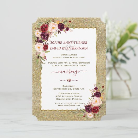 ブルゴーニュフローラ金ゴールド結婚グリッター夕べ 招待状 (スタンド正面)