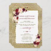 ブルゴーニュフローラ金ゴールド結婚グリッター夕べ 招待状 (正面/裏面)