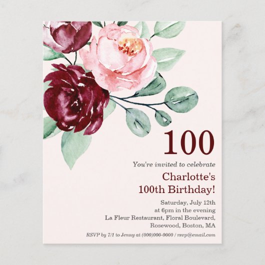 ブルゴーニュフローラ100th予算誕生日招待状 (正面)