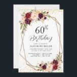 ブルゴーニュフローラ60th birthday party invitation 招待状<br><div class="desc">フローラエレガントテーマデザインブルゴーニュと赤面水色の花。文字と色はパーソナライズされた。</div>