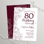 ブルゴーニュフローラ80thバースデーパーティー 招待状<br><div class="desc">ブルゴーニュフローラ80th birthday party invitation.マルサラエレガントワインとホワイトのデザインボタニカルなアウトラインスケッチアクセントとタイポグラフィスクリプトフォントを特徴とする。トレンディーシンプル招待状カードは女性の日スタイリッシュお祝いに最適。任意のカスタマイズ年齢にすることができる。印刷されたZazzle招待状または即時ダウンロードのデジタル印刷可能なテンプレート。</div>