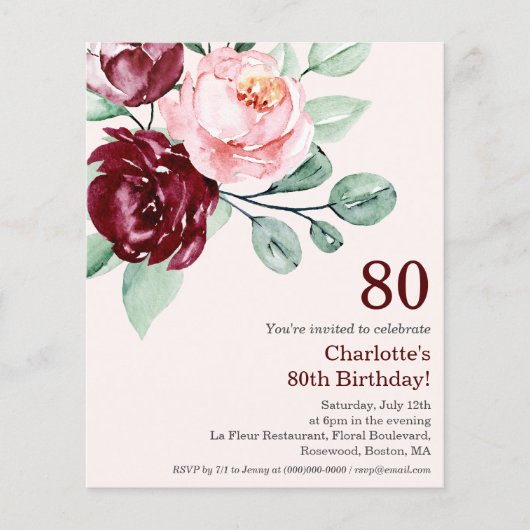 ブルゴーニュフローラ80th予算誕生日招待状 (正面)