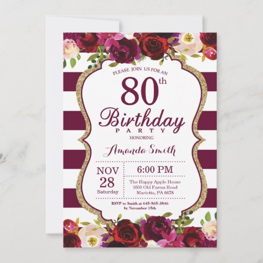 ブルゴーニュフローラ80th Birthday Party Invitation 招待状 (正面)