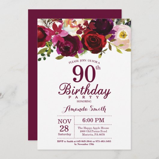 ブルゴーニュフローラ90th Birthday Party Invitation 招待状 (正面/裏面)