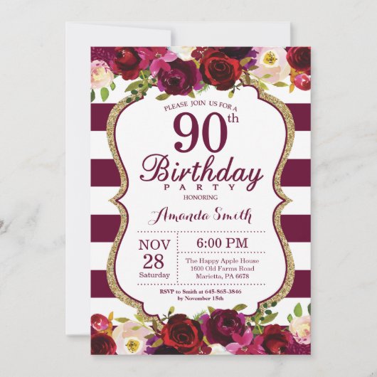 ブルゴーニュフローラ90th Birthday Party Invitation 招待状 (正面)