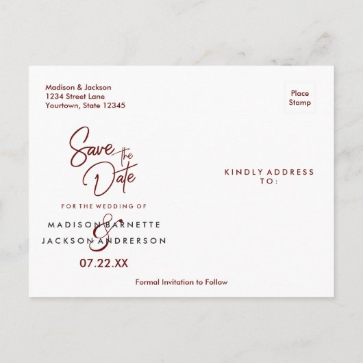 ブルゴーニュフローラ&バラ金ゴールド結婚式の日付を保存 案内ポストカード (裏面)