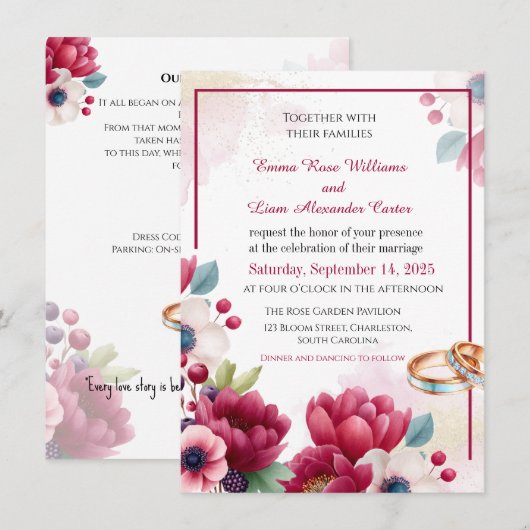 ブルゴーニュフローラ&金ゴールドリングや輪エレガントなウェディングイベント 招待状 (正面/裏面)