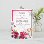 ブルゴーニュフローラ&金ゴールドリングや輪エレガントなウェディングイベント 招待状 (スタンド正面)