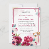 ブルゴーニュフローラ&金ゴールドリングや輪エレガントなウェディングイベント 招待状 (正面)