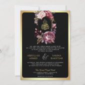 ブルゴーニュフローラQRコードブラック金ゴールドムスリム結婚ズ 招待状 (正面)