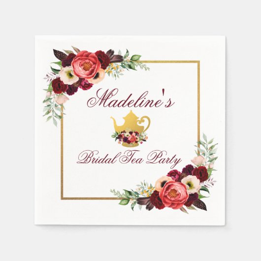 ブルゴーニュブライダルシャワーティーパーティーボホフローラ金ゴールド スタンダードカクテルナプキン (正面)