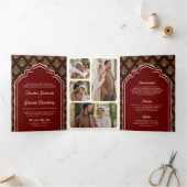 ブルゴーニュブラウンイカットフォトコラージュインディアン結婚ズ 三つ折り招待状 (内部)