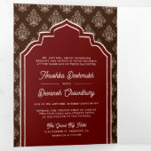 ブルゴーニュブラウンイカットフォトコラージュインディアン結婚ズ 三つ折り招待状 (内部最初)