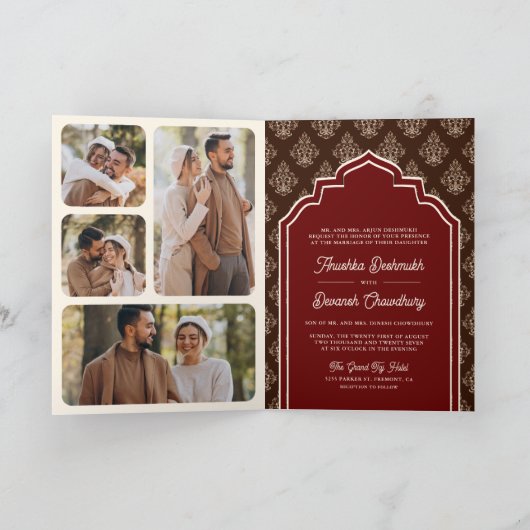 ブルゴーニュブラウンイカットフォトコラージュインディアン結婚ズ 招待状 (内部)