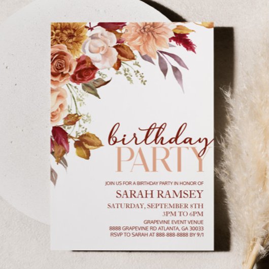 ブルゴーニュブラウンオレンジフローラ花誕生日パーティー 招待状