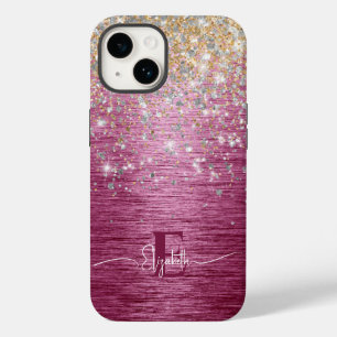 ブルゴーニュブラシ仕上げ金属金ゴールドフェイクグリッターモノグラム Case-Mate iPhone 14ケース