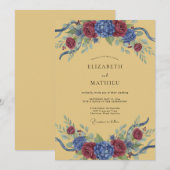 ブルゴーニュブルーの花のアーチの結婚式 招待状 (正面/裏面)