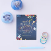 ブルゴーニュブルーの花の結婚式セイヴ・ザ・デート チラシ (シングル)