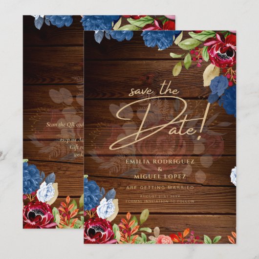ブルゴーニュブルーの花の結婚式SAVE+THE+DATE 招待状 (正面/裏面)