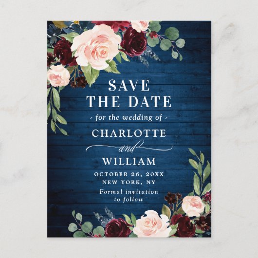 ブルゴーニュブルー赤面素朴ウェディング日付を保存 ポストカード (正面)