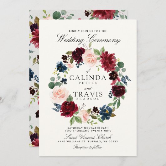 ブルゴーニュブーケリース|フローラ結婚数 招待状 (正面/裏面)