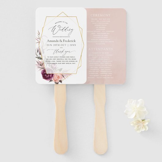 ブルゴーニュプラムと赤面フローラ幾何結婚の ハンドファン (正面&裏面)